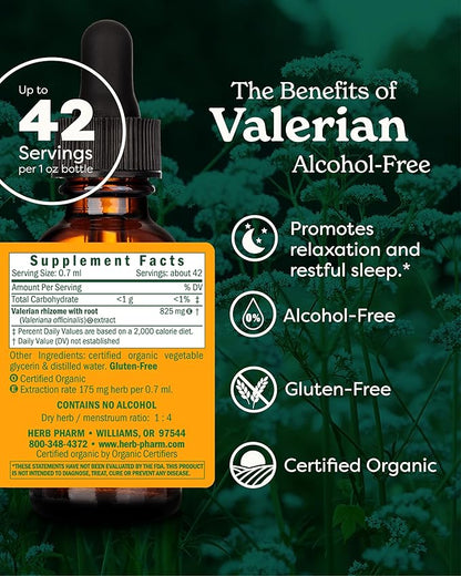 Herb Pharm Organic Valerian Root Liquid Extract, Alcohol-Free: Sleep & Relaxing, Calming Nighttime Sleep Support Supplement, Sugar-Free Herbal Supplement, 1 Oz