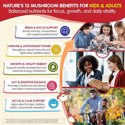 Kids, Teens & Adults Focus Gummies - Lions Mane Mushroom + Saffron + Algae Omega-3, 24-IN-1 Attention Supplement with Chaga, Magnesium, Methylated B12, B6 for Brain, Memory, Energy, Sugar Free, 60Cts