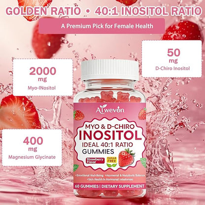 Myo-Inositol & D-Chiro Inositol Gummies 40:1 Ratio – Hormone Balance Supplement for Women – Ovarian & Fertility Support with Vitamins – Myo Chiro Inositol Gummies for Womens Health, 60 Count