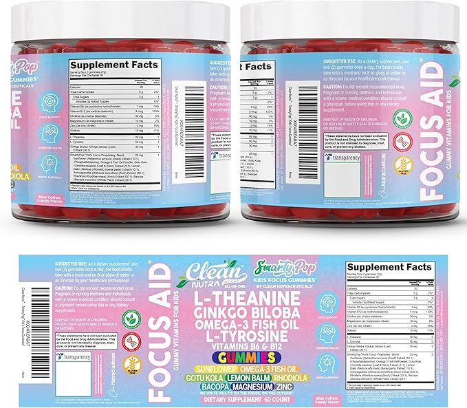 Clean Nutra Kids Focus Gummies with L-Theanine, Ginkgo Biloba, Omega-3 Fish Oil, L-Tyrosine, Vitamin B6, B12 – 60 Count, Clean Label, Non-GMO, Vegan-Friendly SmartyPop Formula for Kids Support
