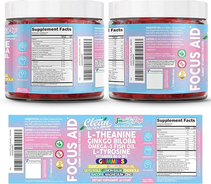 Clean Nutra Kids Focus Gummies with L-Theanine, Ginkgo Biloba, Omega-3 Fish Oil, L-Tyrosine, Vitamin B6, B12 – 60 Count, Clean Label, Non-GMO, Vegan-Friendly SmartyPop Formula for Kids Support