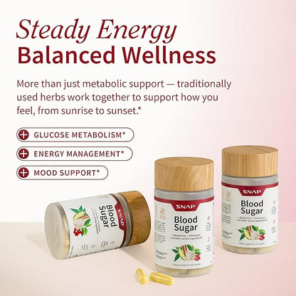 Snap Supplements Blood Sugar Blend with Berberine, CoQ10, Cinnamon, and Gymnema to Support Already Healthy Blood Sugar, Metabolic Health and Energy, Sugar Free, 60 Capsules (Packaging May Vary)