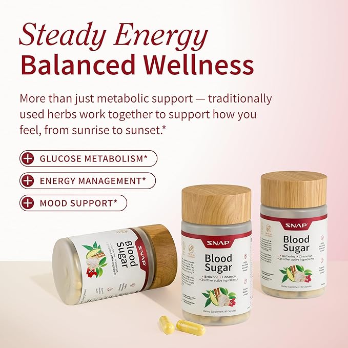 Snap Supplements Blood Sugar Blend with Berberine, CoQ10, Cinnamon, and Gymnema to Support Already Healthy Blood Sugar, Metabolic Health and Energy, Sugar Free, 60 Capsules 3-Pack (Packaging May Vary)