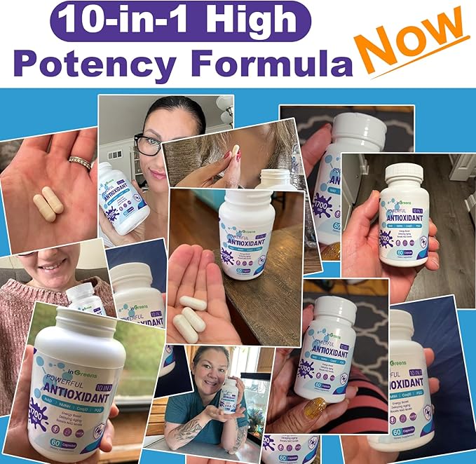 10-in-1 Antioxidants Supplement, 1700MG Super Antioxidant for Women and Men, Powerful Antioxidants with NAD, NMNH,Coq10, Resveratrol, Cell Repair & Reducing Free Radical Damage, 60 Capsules