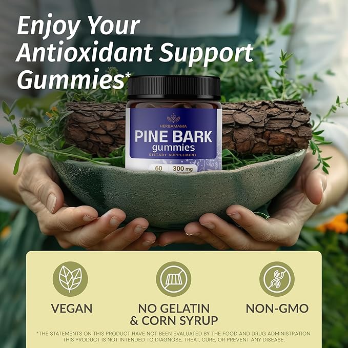 HERBAMAMA Pine Bark Extract Gummies - 300mg French Maritime Pine Bark Tree for Antioxidant Support - Vegan, Non-GMO Pinus Pinaster Supplement - 60 Pectin-Based Blueberry-Flavored Chews