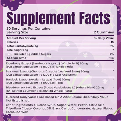 TrueSeaMoss Sea Moss Elderberry Gummies for Adults & Kids – with Burdock Root, Bladderwrack – 60 Gummies (Pouch May Vary)