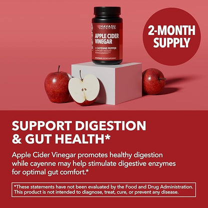 Apple Cider Vinegar Capsules with Cayenne Pepper - Bloating Relief and Appetite Suppressant - 500mg ACV and 20mg Capsicum Annuum Per Serving Unflavored - 60 Count - Vegan, Non-GMO - 2 Month Supply