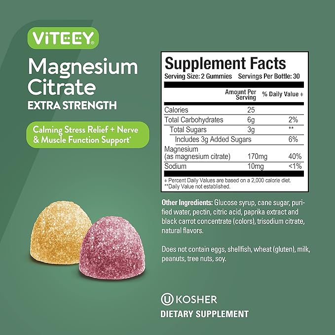 VITEEY Magnesium Gummies for Adults - 170mg of Magnesium Citrate Gummy for Calm, Sleep, Nerve & Muscle Function Support - Vegan, Gluten Free - 60 Count