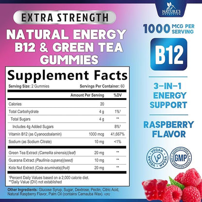 Energy Gummies - Vitamin B12 1000 mcg Per Serving - Daily Energy Gummy with Natural Caffeine from Green Tea, Berry Flavor B12 Chewable Exercise Supplement for Running Cycling & Sports - 120 Gummies