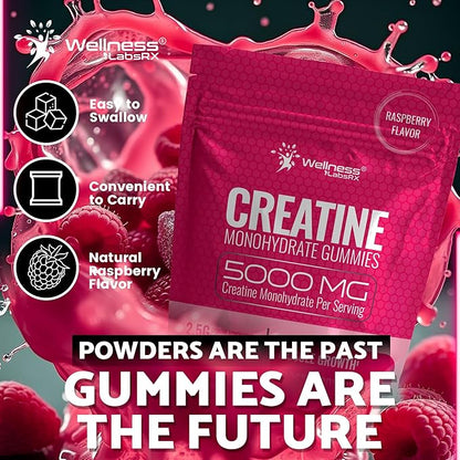 Creatine Gummies 5000mg, 30 Servings Creatine Monohydrate Gummies - Third-Party Tested Creatine for Women, Raspberry Flavor Creatine for Men, Muscle Growth, Strength, and Recovery - Pack of 1
