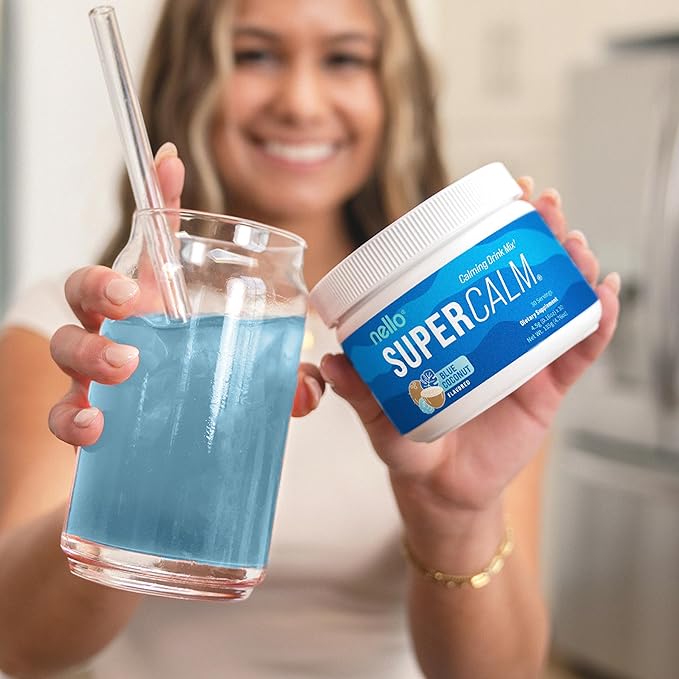 Nello Supercalm Powdered Drink Mix Tub, Cortisol Reducer* and Sleep Aid Supplement, L Theanine, Ksm-66 Ashwagandha, Magnesium Glycinate, Vitamin D 3, No Sugar, Non GMO, On The Go, 30 Ct, Blue Coconut