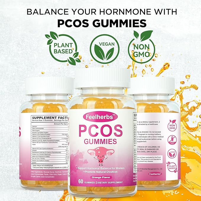 PCOS Gummies Vitamins for Menstrual Cycle & Ovulation & Fertility, Pack of 2, 60 Count Orange Flavor Hormonal Balance Vitamins Help Getting Pregnant with PCOS, Easy to Chew