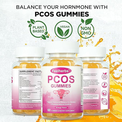 PCOS Gummies Vitamins for Menstrual Cycle & Ovulation & Fertility, Pack of 2, 60 Count Orange Flavor Hormonal Balance Vitamins Help Getting Pregnant with PCOS, Easy to Chew