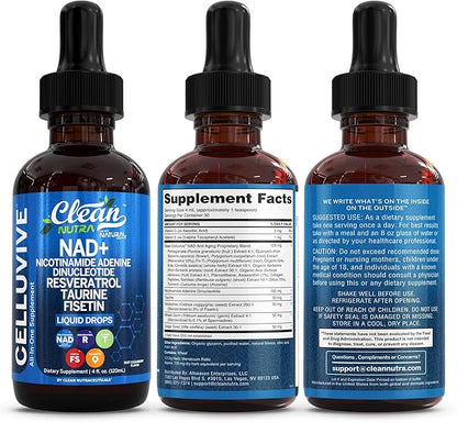 Liposomal NAD Resveratrol Supplement Liquid Drops for Women Taurine Fisetin Grape Seed Quercetin Berberine Astaxanthin Pterostilbene Spermidine Fo Ti Gotu Kola Anti Aging CelluVive by Clean Nutra 4oz