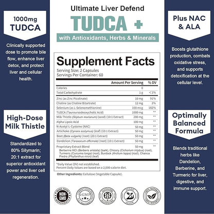 Totaria 2 Packs TUDCA 1000mg Liver Support Supplement with Milk Thistle, NAC, ALA, 80% Silymarin, 15-in-1 Extra Strength Bile Salts