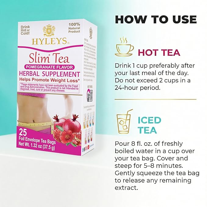 Hyleys Slim Tea Pomegranate Flavor - Weight Loss Herbal Supplement Cleanse and Detox - 25 Tea Bags (1 Pack)