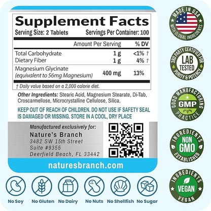 Magnesium Glycinate 400mg | 200 Tablets | High Absorption Mag Supplements for Sleep, Leg Cramps, Heart, Muscle, Calm | Non Buffered Bisglycinate, Extra Strength for Women and Men, Tablets Not Capsules