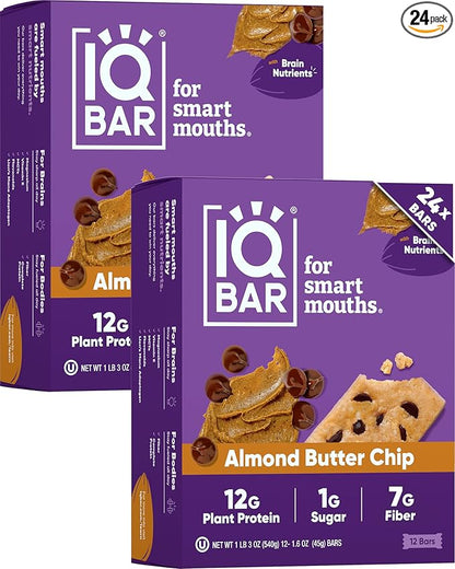 IQBAR Clean Plant Protein Bars - Almond Butter Chip - 24 Count - Keto, Vegan, High Fiber, Gluten and Dairy Free, Low Sugar Snack - Brain and Body Nutrients for Focus, Energy, Meal Replacement