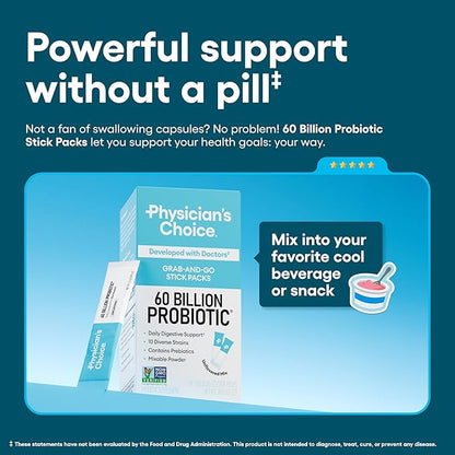 Physician’s Choice 60 Billion CFU Probiotic Stick Packs - 10 Strains + Prebiotics - Immune, Digestive & Gut Health - Supports Occasional Constipation, Diarrhea, Gas & Bloating - for Women & Men - 24CT