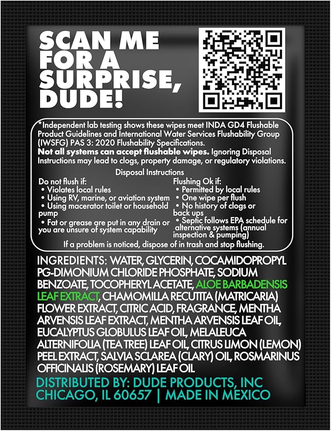 DUDE Wipes On-The-Go Mint Chill Travel Wipes - 2 Pack, 60 Count (Individually Wrapped) - Extra-Large Adult Flushable Wipes - Infused with Tea Tree Oil, Vitamin E, and Aloe - Septic and Sewer Safe