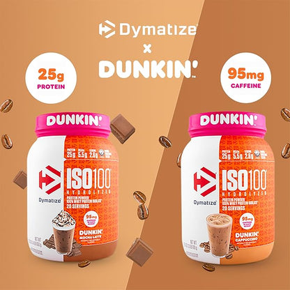 Dymatize x Dunkin' Cappuccino ISO100 Whey Protein Powder, 95mg Caffeine, 25g of Protein5.5g BCAAs, 120 Cal., Gluten Free, 1g Fat, 1g Sugar, 2g Carb (20 Servings)