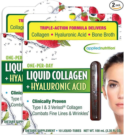 Applied Nutrition Liquid Collagen + Hyaluronic Acid - 10 Liquid Tubes, Pack of 2 - Skin & Nail Restoration - Mixed Berry Flavor - 20 Servings