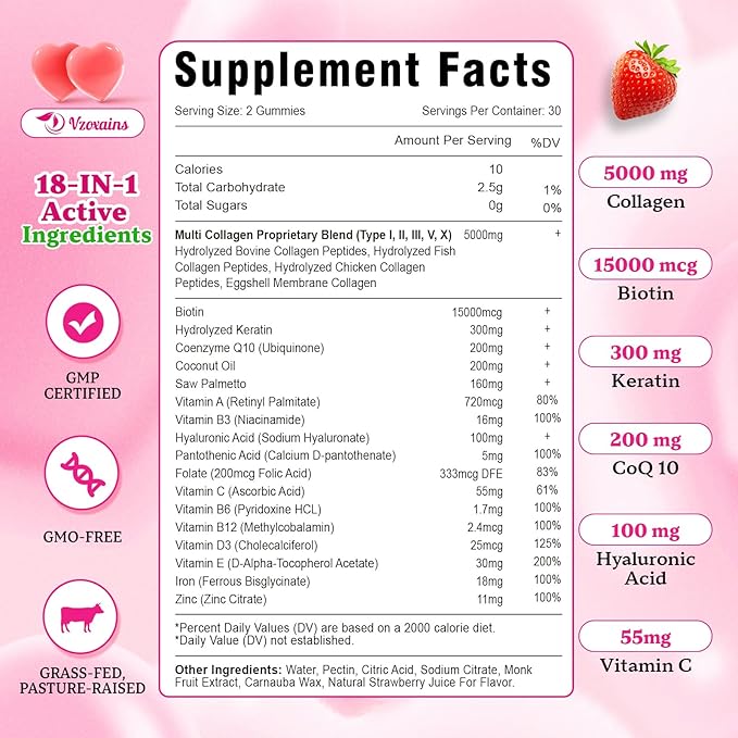 Multi Collagen Peptides Gummies, Collagen Gummies for Women & Men, Type I,II,III,V,X Protein with Biotin, Hyaluronic Acid, Vitamin C for Healthy Skin Support, Strawberry Flavored, Sugar Free, 60Cts