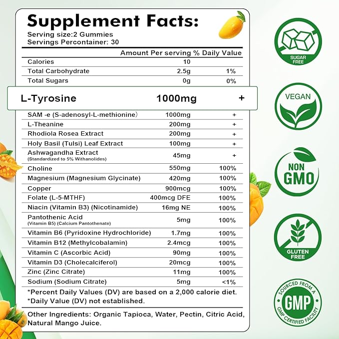 L-Tyrosine Gummies for Adults and Kids - L-Tyrosine Supplement Focus Gummies for Brain, Mood, Energy Support, Vegan & Gluten-Free, Mango Flavor, 60 Count