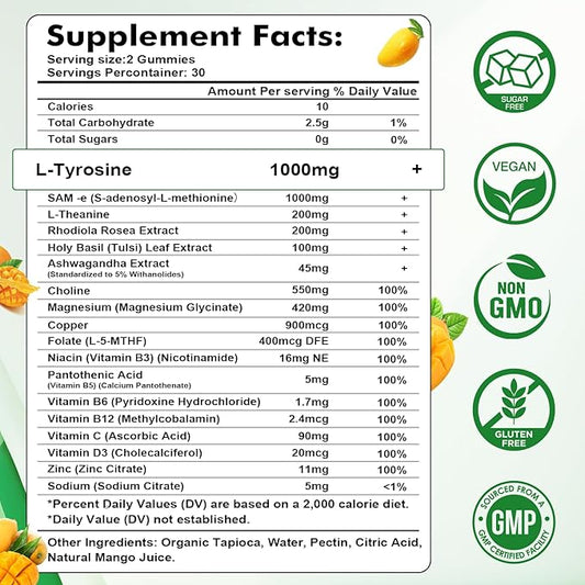 L-Tyrosine Gummies for Adults and Kids - L-Tyrosine Supplement Focus Gummies for Brain, Mood, Energy Support, Vegan & Gluten-Free, Mango Flavor, 120 Count