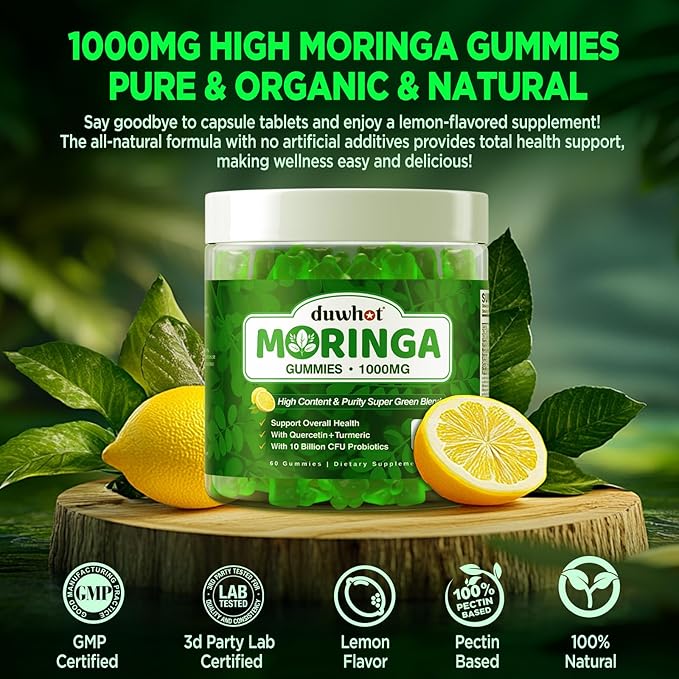 Moringa Gummies for Women Men, Pure Organic Moringa Leaf Extract Supplement with Vitamin C & E, Turmeric, Ceylon Cinnamon, Probiotics for Gut & Immune Health, Supergreen, Sugar-Free, Vegan, 60 Chews