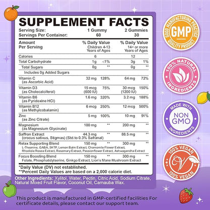 Saffron Gummies for Kids & Adults, 20-in-1 Saffron Supplements with 88.5mg Saffron Extract, B6, B12, C, D3, Magnesium for Calm, Focus, Nerve, Sugar Free, Vegan, Non-GMO, Mixed Fruit Flavor, 120 Counts