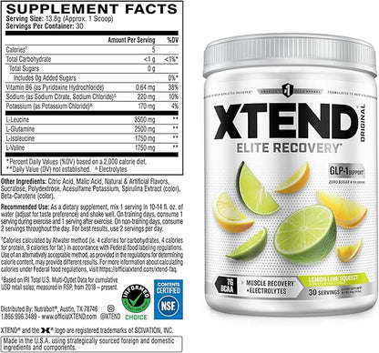 Xtend Original BCAA Powder, 7g BCAAs and 2.5g L-Glutamine for Muscle Recovery Hydration and Lean Muscle, Sugar Free Intra and Post Workout Drink with Electrolytes, Lemon Lime Squeeze, 30 Servings
