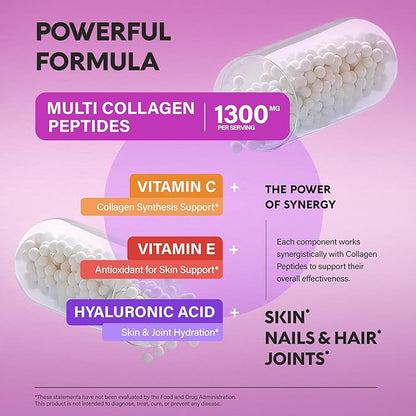 Multi Collagen Peptides - Hydrolyzed Types I, II, III, V & X - Collagen Supplement for Women 1300mg - w/ Hyaluronic Acid, Vitamins C & E - Skin, Hair, Nails & Joint Support - Made in USA, 240 Capsules
