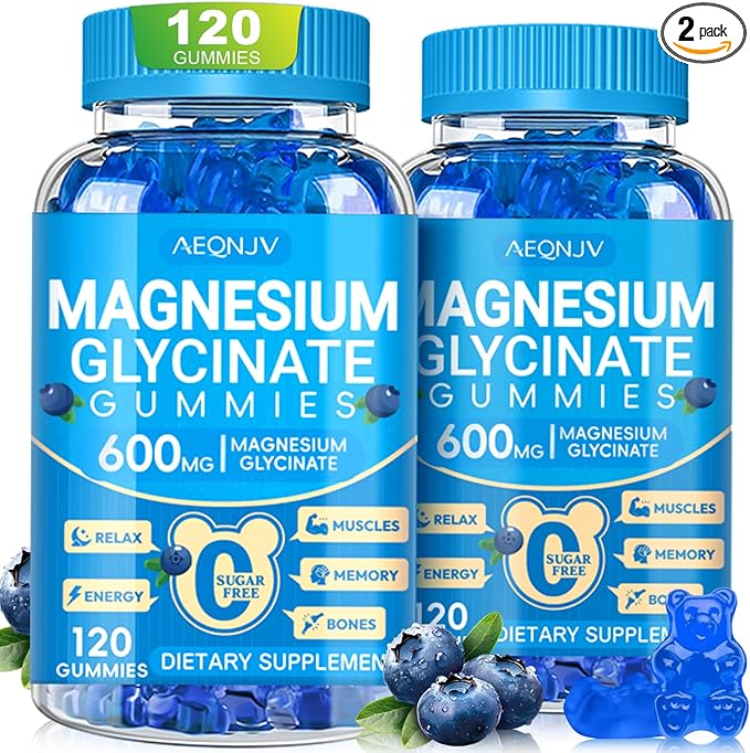 Magnesium Glycinate Gummies 600mg, Chewable Sugar Free Potassium Magnesium Gummies, Vitamin D, B6, and CoQ10 for Calm Support & Sleep for Adults, 60 Days Supply, 2 Pack