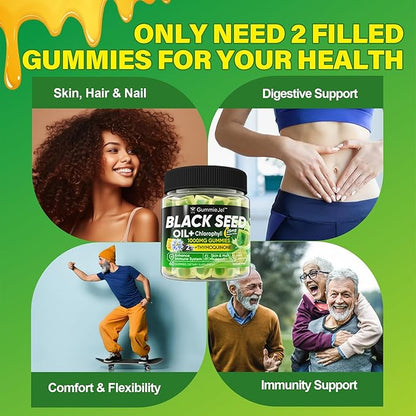 Black Seed Oil Gummies & Chlorophyll, Biotin 500mcg with Hydrolyzed Collagen, Raw Manuka Honey, Organic Cold Pressed - Ultimate Absorption for Skin, Hair & Nails, Digestive, Overall Health,2 Pack