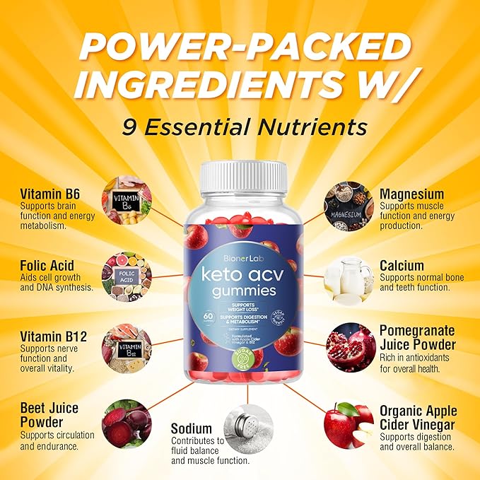 BionerLab Keto ACV Advanced Weight Loss Gummies - Apple Cider Vinegar Gummy for Belly Fat Burn - Support Metabolism Digestion Boost - Sugar Free with B12 B6 to Lose Weight & Ketogenic Diet Management