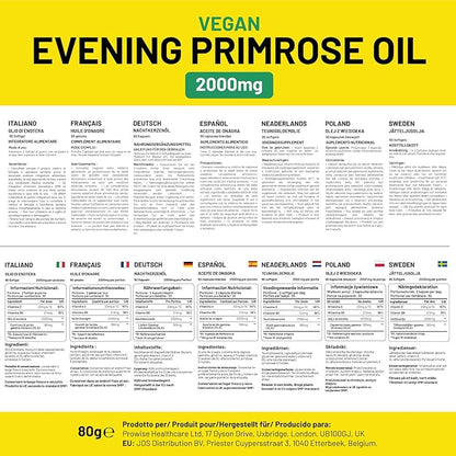 Vegan Evening Primrose Oil 2000mg with Vitamin E & B6 – 60 Vegan Softgels| Pure Cold Pressed I 180mg GLA per Capsule I Women's Health I Premium Quality I by Prowise Healthcare