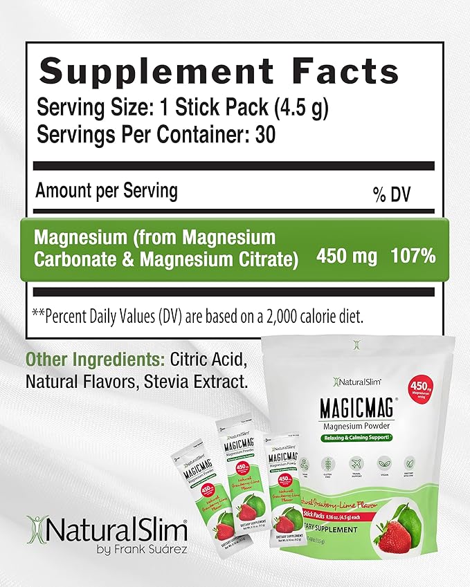 NaturalSlim Magicmag Pure Magnesium Citrate Powder – Stress, Constipation, Muscle, and Heart Support | Magnesium Supplement Drink Mix Strawberry Lime 0.16 Ounce
