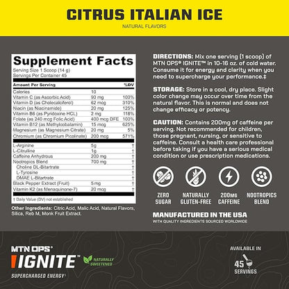 MTN OPS Ignite Sugar Free Energy Drink Powder Naturally Sweetened with Monk Fruit, 200mg Caffeine, Nootropic Blend for Energy & Focus, L Arginine & Citrulline, 45 Servings, Citrus Italian Ice