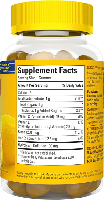 Nature Made Collagen Gummies with Vitamin C, Zinc, Biotin, Hydrolyzed Collagen Peptides for Women and Men, Healthy Skin Support Supplement, 60 Gummies, 60 Day Supply