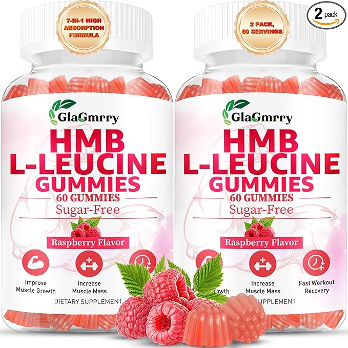 2 Pack HMB and Leucine Gummies, HMB & Leucine Amino Acid for Muscle Growth, Muscle Relief, HMB Supplements for Men & Women, Vegan, Non-GMO, Raspberry Flavor, 120 Count