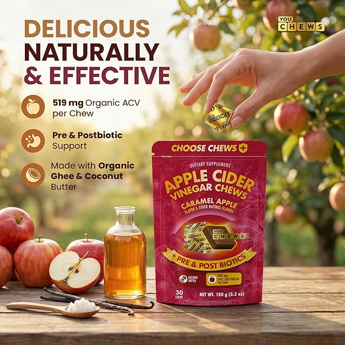 YouChews Apple Cider Vinegar Chews – 500 Mg Organic Apple Cider Vinegar Gummies with Prebiotics & Postbiotics | Gut Balance Support | Low Sugar Apple Cider Gummies | Caramel Flavor | 30 Chews Pack