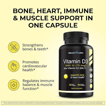 Vitamin D3 K2 3000 IU - with Vitamin K as MK-7 from Natto - High Potency Vitamin D Supplement Support Healthy Bones, Teeth, Heart & Immune Function, Gluten-Free - 90 Capsules