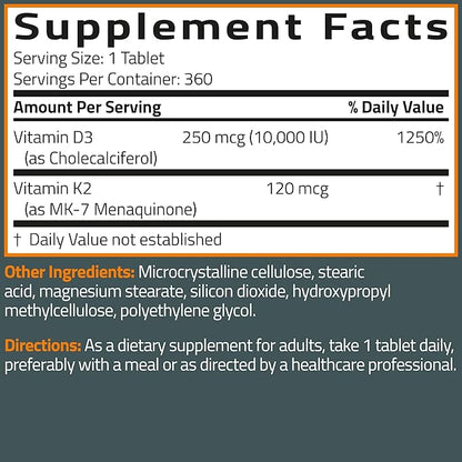 Bronson Vitamin K2 (MK7) with D3 Supplement Extra Strength 2 in 1 Support, 10,000 IU Vitamin D3 & 120 mcg K2 MK-7, 360 Tablets