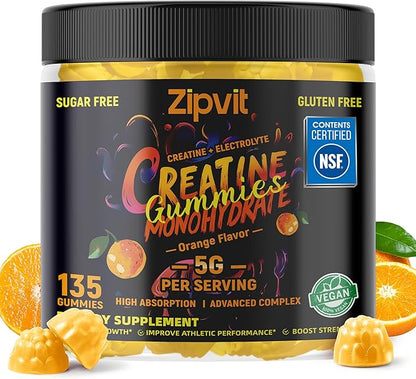 zipvit Creatine Monohydrate Gummies (5g) – Pre-Workout Energy & Muscle Growth Support for Men & Women | Orange Electrolyte Gummies (135 Count)