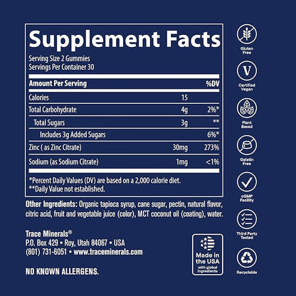 Trace Minerals Zinc - Zinc Gummy Supplement for Healthy Development & Immune Support - Digestion & Metabolism - Children's Gummy - Gelatin-Free & Vegan - Elderberry Flavor - 60 Count (30 Servings)