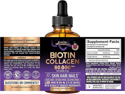 Liquid Biotin & Collagen 60,000 mcg - Vitamins for Hair Growth Support - Extra Strength Drops for Women & Men - Liquid Collagen Supplement - Strong Nails & Healthy Skin - Made in USA - 2 Fl Oz