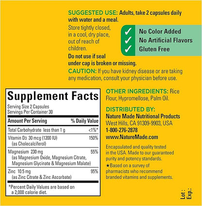 Nature Made Magnesium Complex Supplement with Vitamin D & Zinc for Immune Support, Magnesium Glycinate, Malate, Citrate & Oxide for Muscle, Nerve, Heart & Bone Support, 60 Capsules, 30 Day Supply