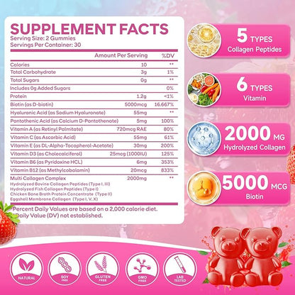 Collagen Gummies for Women & Men, Hydrolyzed Collagen Peptides (Type I, II, III, V, X) with Biotin, Hyaluronic Acid, MultiVitamins, Supports Healthy Skin, Thick Hair &Strong Nails, Sugar Free, 60Cts