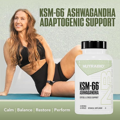 NutraBio Ashwagandha KSM-66 | Ashwagandha Herbal Supplement for Stress, Mood, & Performance | 600 MG of Clinically Studied KSM66 60 Capsules